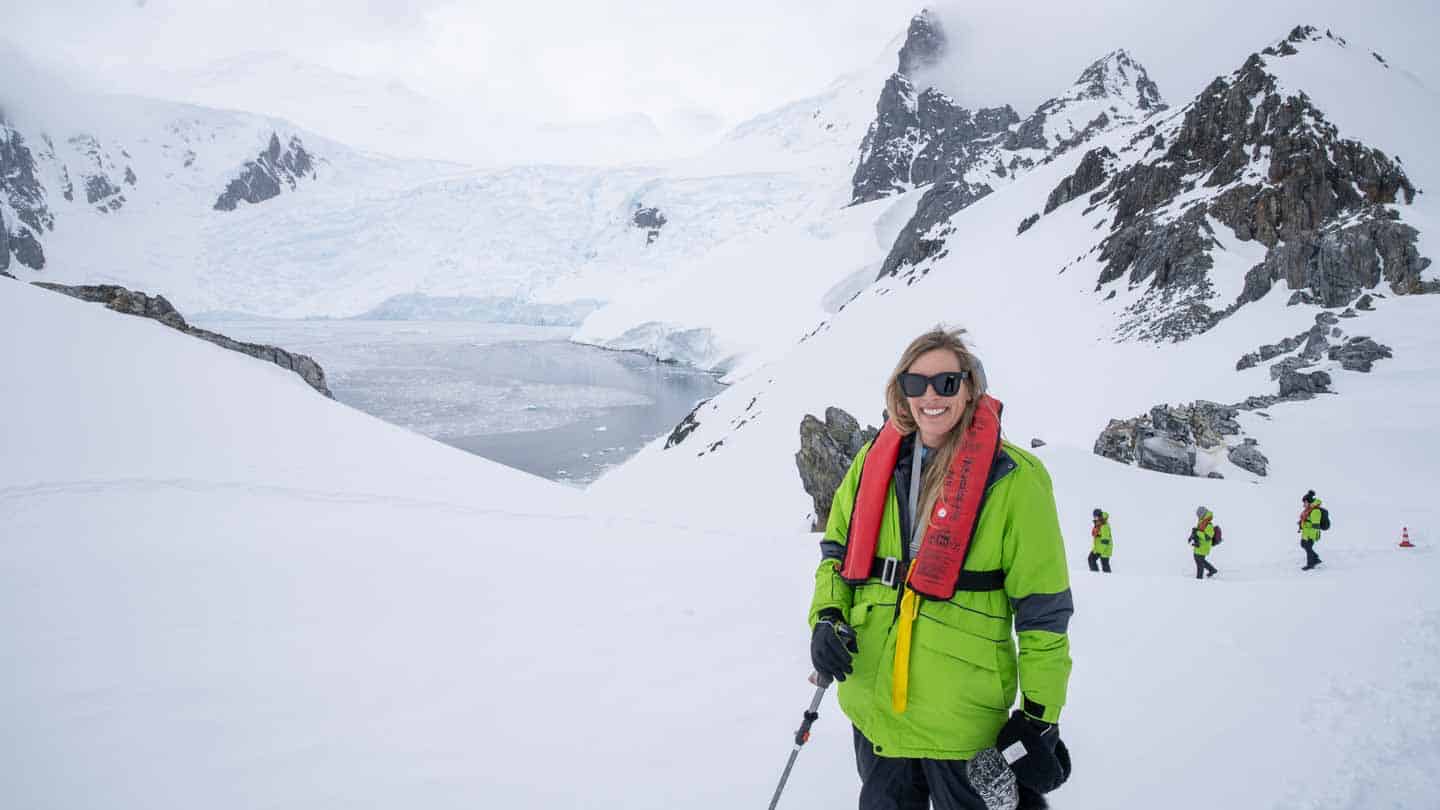 Women hiking in Antarctica on a warm day