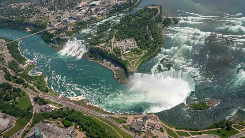 View of Horseshoe Falls in Niagara Falls from a helicopter